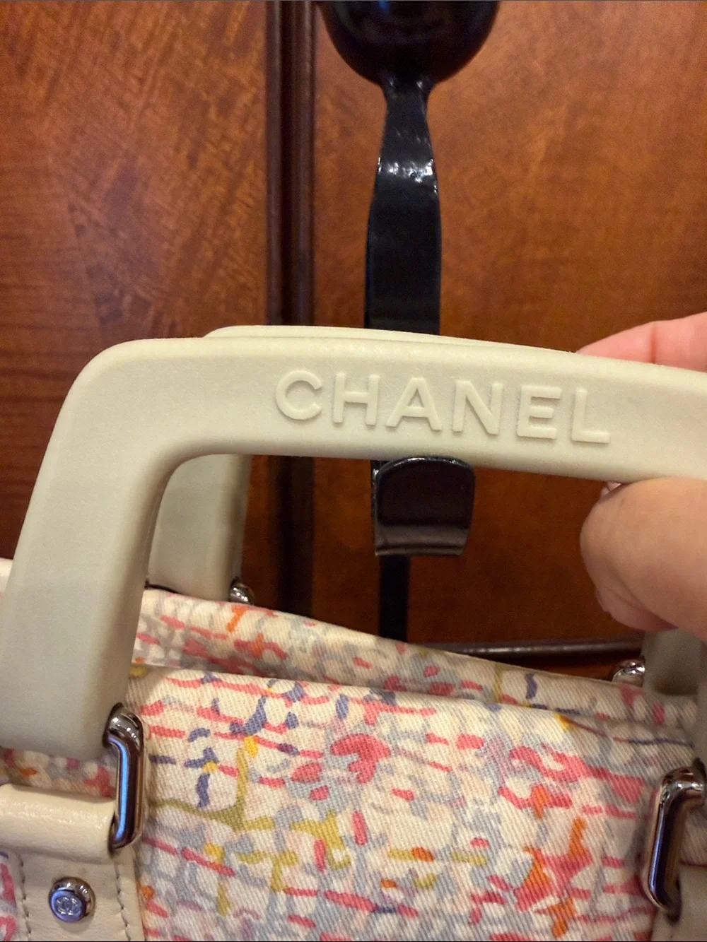 CHANEL Multicolor Printed Canvas Tote with Cream Leather Trim and Strap